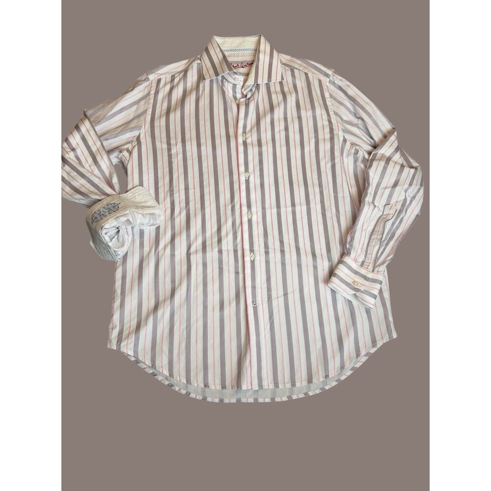 Robert Graham Long Sleeve Button Down‎ Flip Cuff Striped Pink Dress Shirt 41/16